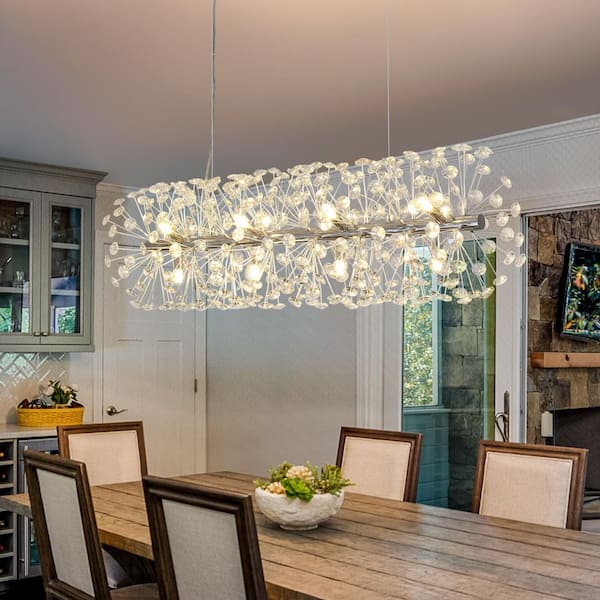 12-Light Chrome Modern Glam Pendant Dandelion Firework Crystal Chandelier for Dining Room