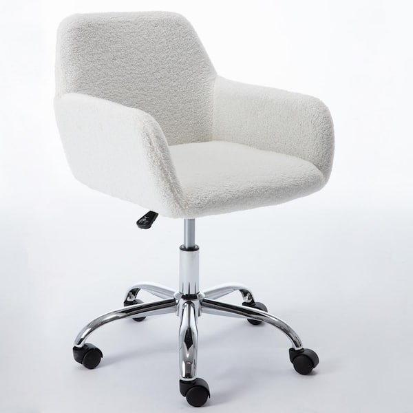 URTR White Polyester Faux Fur Desk Chair, Computer Chair, Task