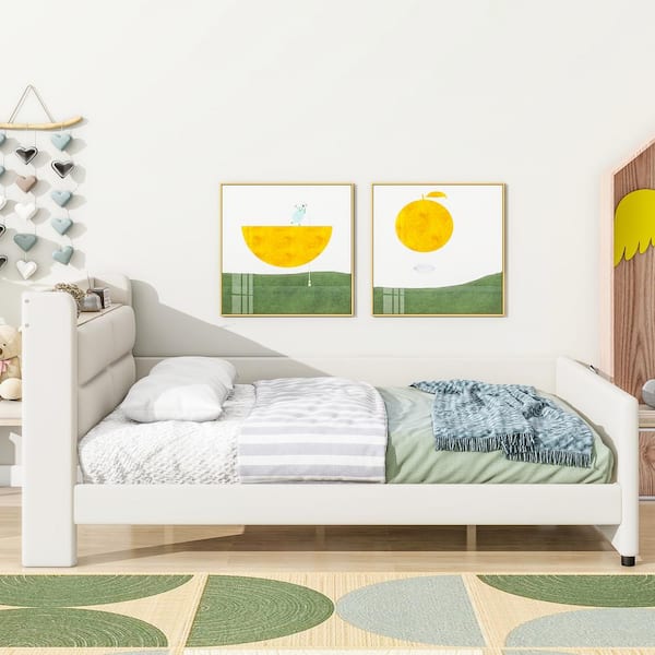 Harper & Bright Designs Beige Wood Frame Full PU Upholstered Platform Bed with 1-Side Bedrail, 3-Pockets, Shelf, Drop-Down Hidden Storage