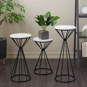 Large Black Metal Geometric Cone Shaped Rod Plantstand with Marble Tabletops (Set of 3)
