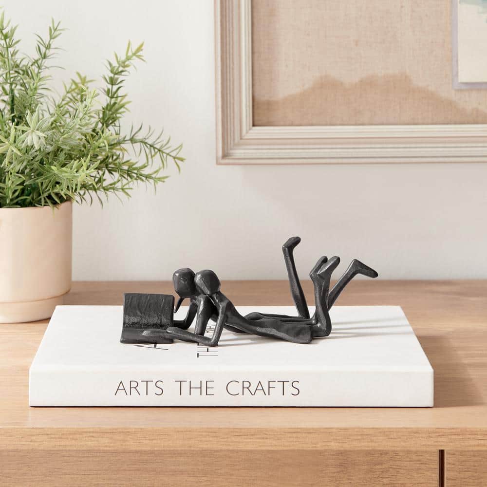 Brown Cast Iron Abstract Couple Reading Book Sculpture
