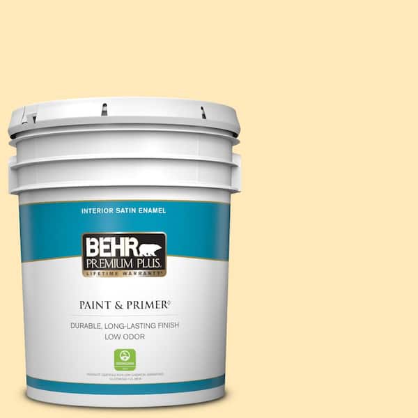 BEHR PREMIUM PLUS 5 gal. #PPL-69 Sunkissed Yellow Satin Enamel Low Odor Interior Paint & Primer