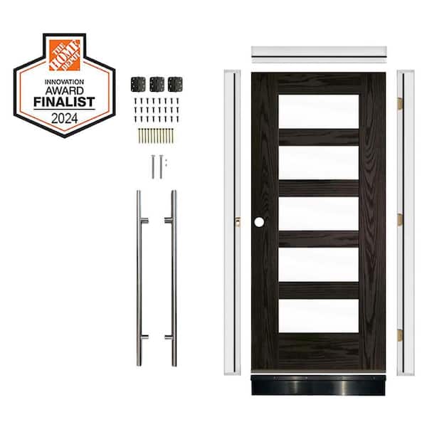 RTA KIT Faux Pivot 36 in. x 80 in.5-Lite Clear Glass Right-Hand Baby Grand Stain Fiberglass Ready To Assemble Front Door
