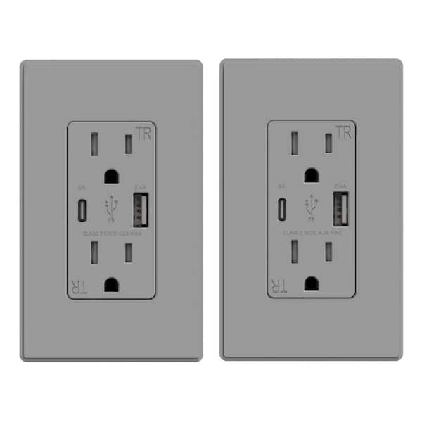 Vrbgify Matte Gray 15 Amp Tamper Resistant Duplex Wall Outlet with USB-A, USB-C Ports Charger, NEMA 5-15R, UL Listed 2-Pack