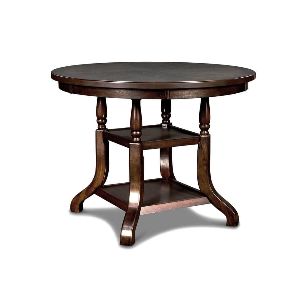 Espresso Solid Wood Round Counter Height Dining Table with Shelves