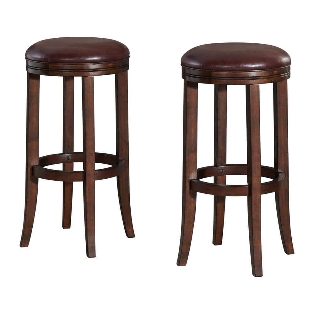 Distressed Walnut Backless Bar Height Stool with Leather Seat, Set of 2