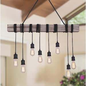 8-Light Black Rope Chandelier Wooden Kitchen Island Linear Black Farmhouse Rustic Metal Solid Wood Dimmable Fixture