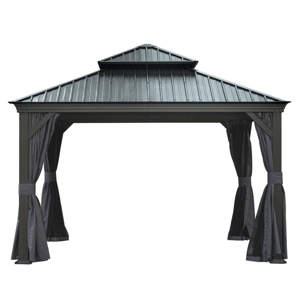 12 ft. x 14 ft. Gray Hardtop Patio Gazebo Aluminum Frame with Galvanized Steel Double Roof Curtains Netting price history on PriceWatchPro