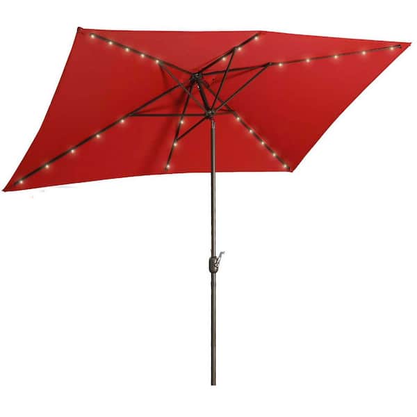 Tenleaf 10 ft. x 6.5 ft. Aluminum Market Rectangular Patio Umbrella in Red With 26 Solar LED lights, Push Button Tilt, Crank