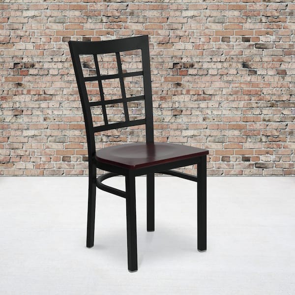 Hercules Series Black Window Back Metal Restaurant Chair with Mahogany Wood Seat