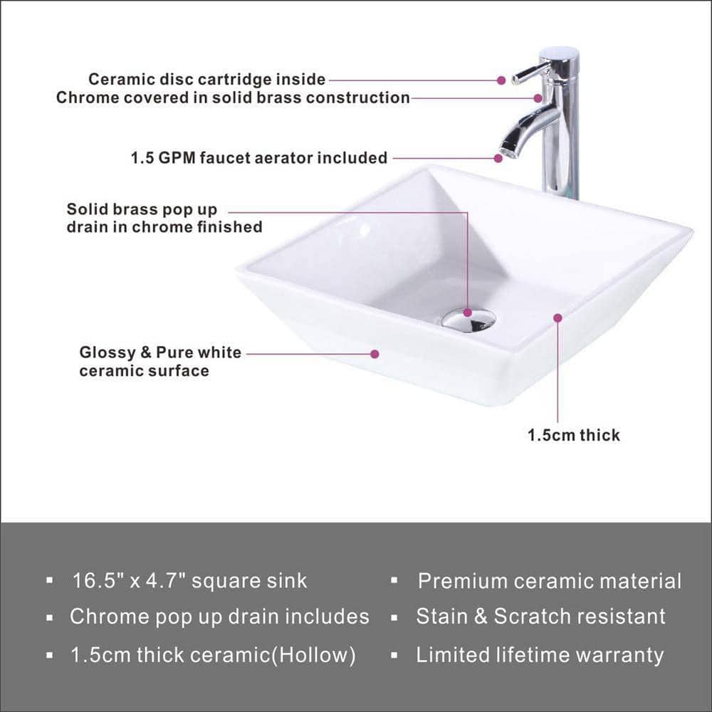 16.5" White Ceramic Square Bathroom Vessel Sink with Faucet