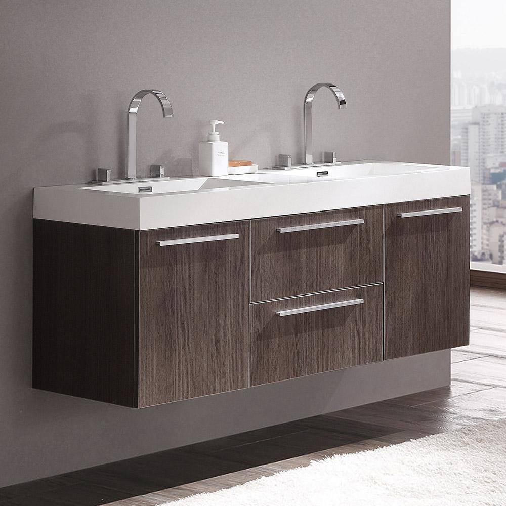 Gray Oak 54" Wall-Mount Double Sink Vanity with Acrylic Top