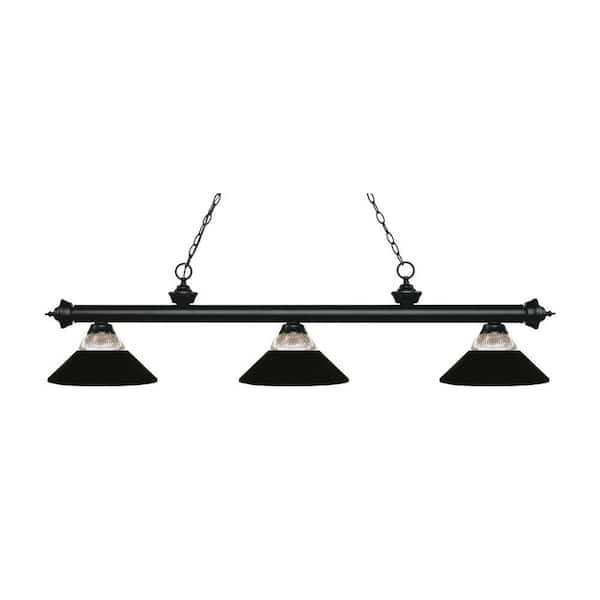 Unbranded Riviera 3-Light Matte Black with Clear Ribbed and Matte Black Shade Billiard Light With No Bulbs Included