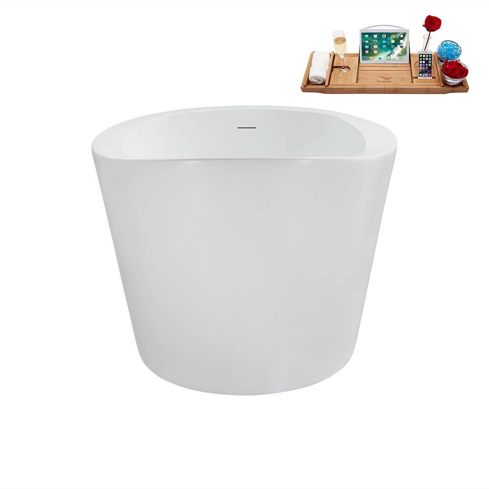 Glossy White Acrylic Freestanding Soaking Bathtub with Matte Black Drain