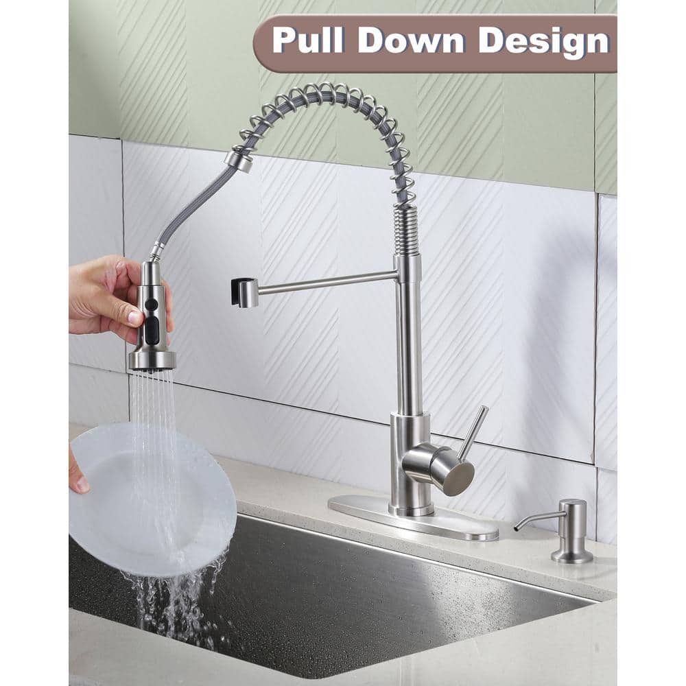 Brushed Nickel Single Handle Pull Down Kitchen Faucet with Soap Dispenser