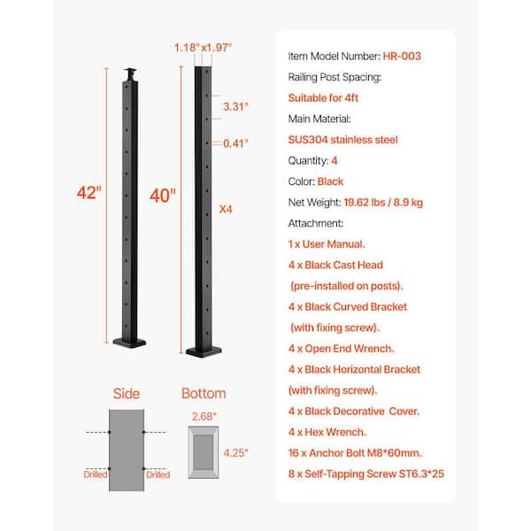 SVOPES 4-Pack Cable Railing Post 42 x 1 x 2 in. Stainless Steel