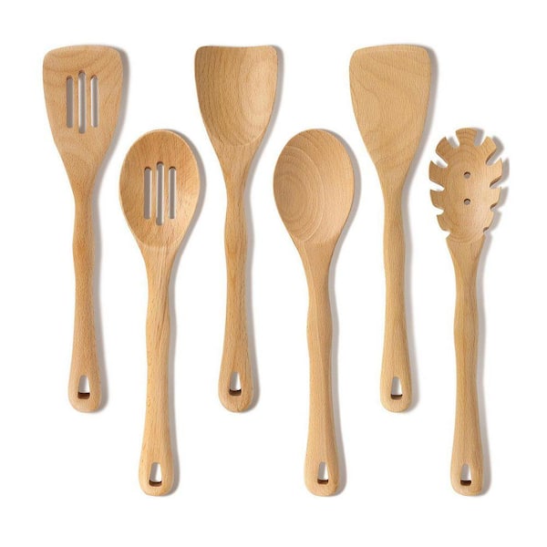 6 Piece Natural Wood Kitchen Utensil Set Non-Toxic Wooden Spatulas Spoons for Nonstick Cookware Accessory Set