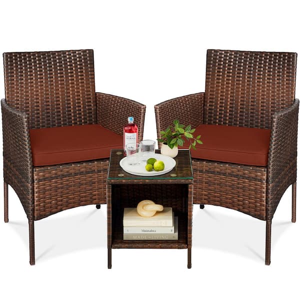 3-Piece Outdoor Wicker Conversation Patio Outdoor Bistro Set, with 2 Chairs, Table, Cushions-Brown/Dark Rust