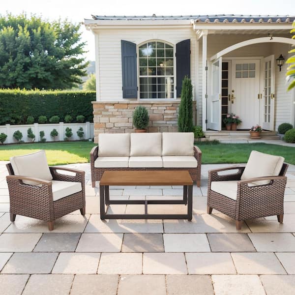 Kelsey 4-Piece Brown Wicker Patio Conversation Seating Sofa Set with Beige Cushions