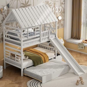 White Twin over Twin Wood House Bunk Bed with Twin Size Trundle, Slide, Storage Staircase, Roof and Window Design