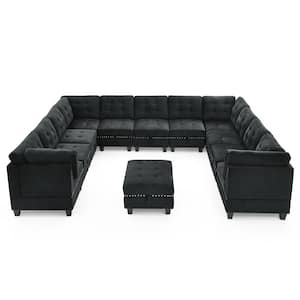 142 in. DIY Combination Modular Black Velvet Sectional Sofa with 7 Single Chairs, 4 Corners and  Ottoman