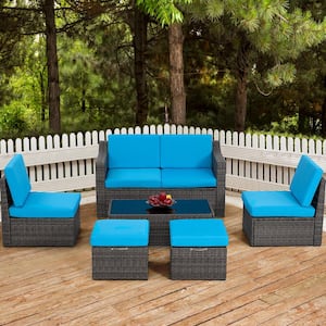 6-Piece Rattan Patio Sectional Sofa with Grey/Blue Cushions