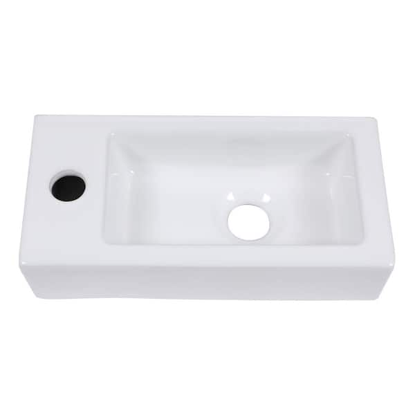 Logmey 14.5 in. x 7 in. White Ceramic Rectangular Wall Hung Vessel Sink with Single Faucet Hole for Small Bathroom