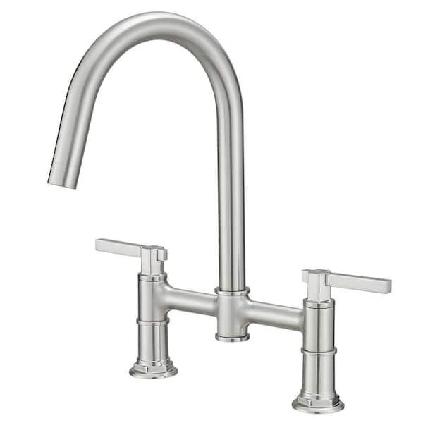 Double Handle Bridge Kitchen Faucet 2-Holes Modern Brass Kitchen Sink Faucets with Swivel Spout in Brushed Nickel