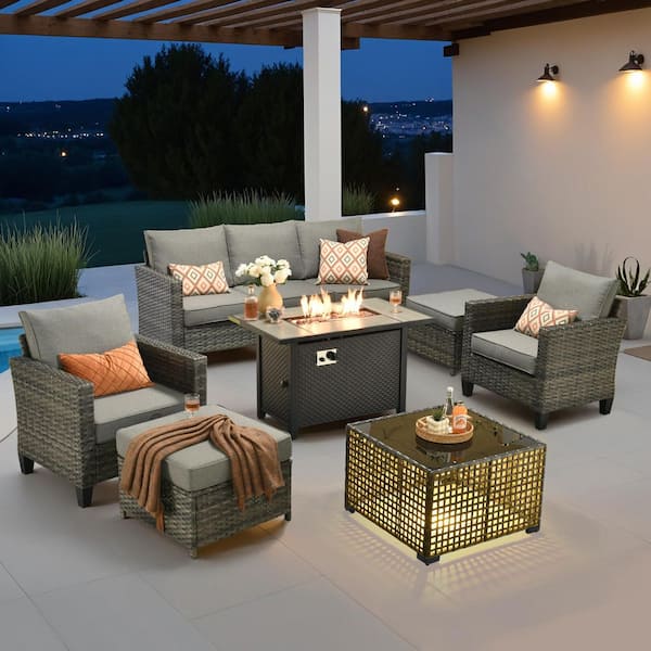 Nvelyn Gray 7-Piece Wicker Patio Fire Pit Table Conversation Set with Dark Gray Cushions and Coffee Table