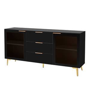 63.00 in. W x 15.70 in. D x 32.30 in. H Black Linen Cabinet with Three Drawers and Metal Handles