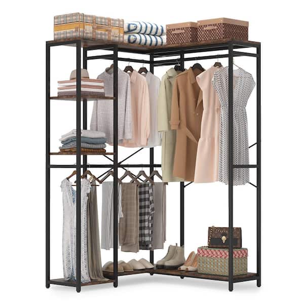 Aheaplus Wood Clothes Rack Wardrobe Closet for Hanging Clothes Heavy Duty  Garment Rack, Large Corner L Shaped Closet System Organizers Walk-in Closet