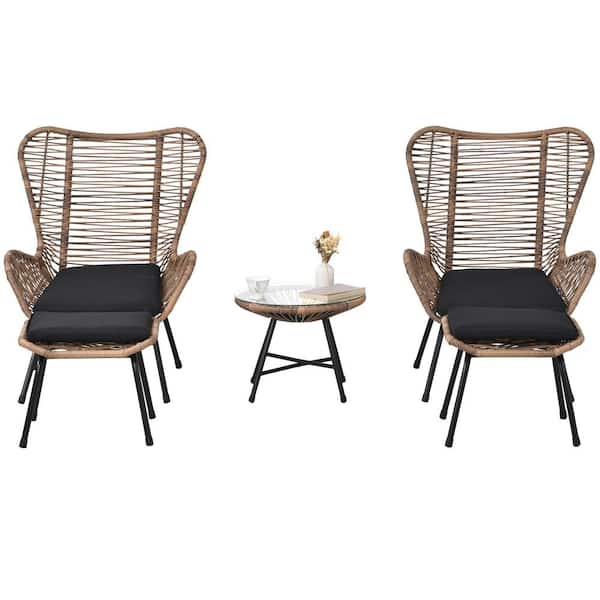 Polibi 5-Piece PE Wicker Outdoor Patio Arm Chairs Conversation Set with Dark Gray Cushion, Stools and Tempered Glass Tea Table