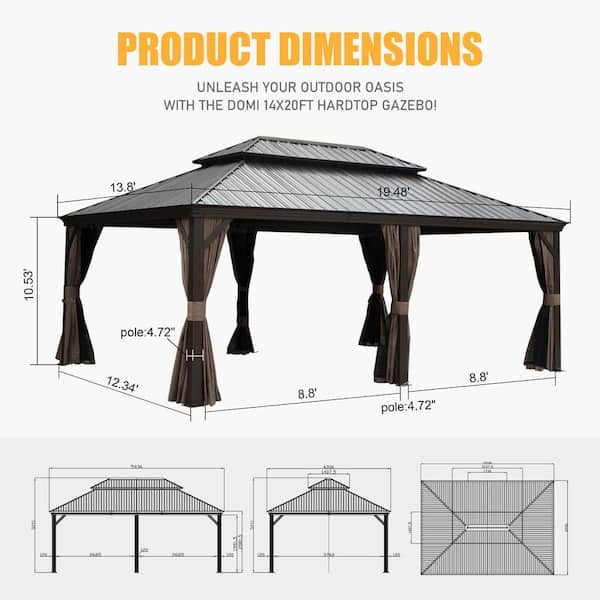 14 ft. x 20 ft. Outdoor Aluminum Frame Patio Gazebo Pavilion Shelter Galvanized Steel Double Hardtop Roof Curtain Net