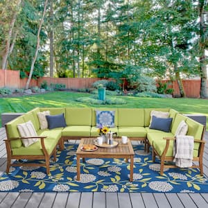 Giancarlo Teak 10-Piece Wood Outdoor Sectional Set with Green Cushions