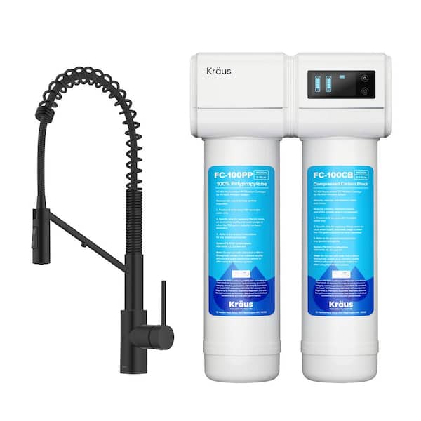 KRAUS Oletto Pull-Down Single Handle Filter Kitchen Faucet in Matte Black with Purita 2-Stage Under-Sink Filtration System