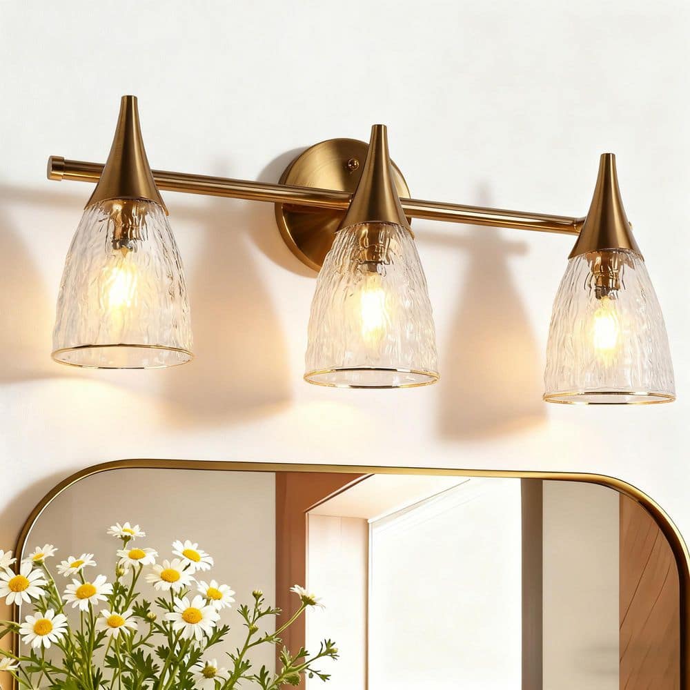Modern 20.9 in. 3-Light Plated Brass Vanity Light with Cone Glacial Glass for Bathroom, Powder Room price history on PriceWatchPro