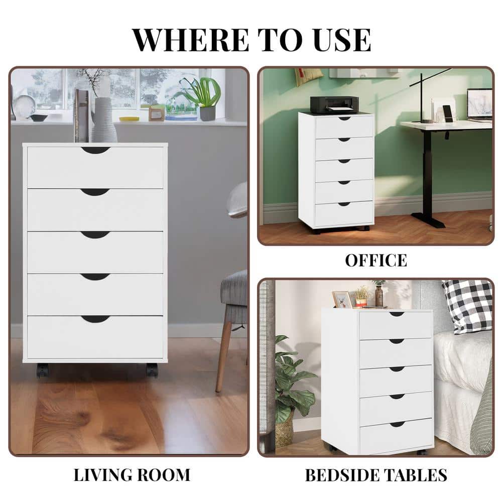 White Mobile 5-Drawer Wooden Office File Cabinet