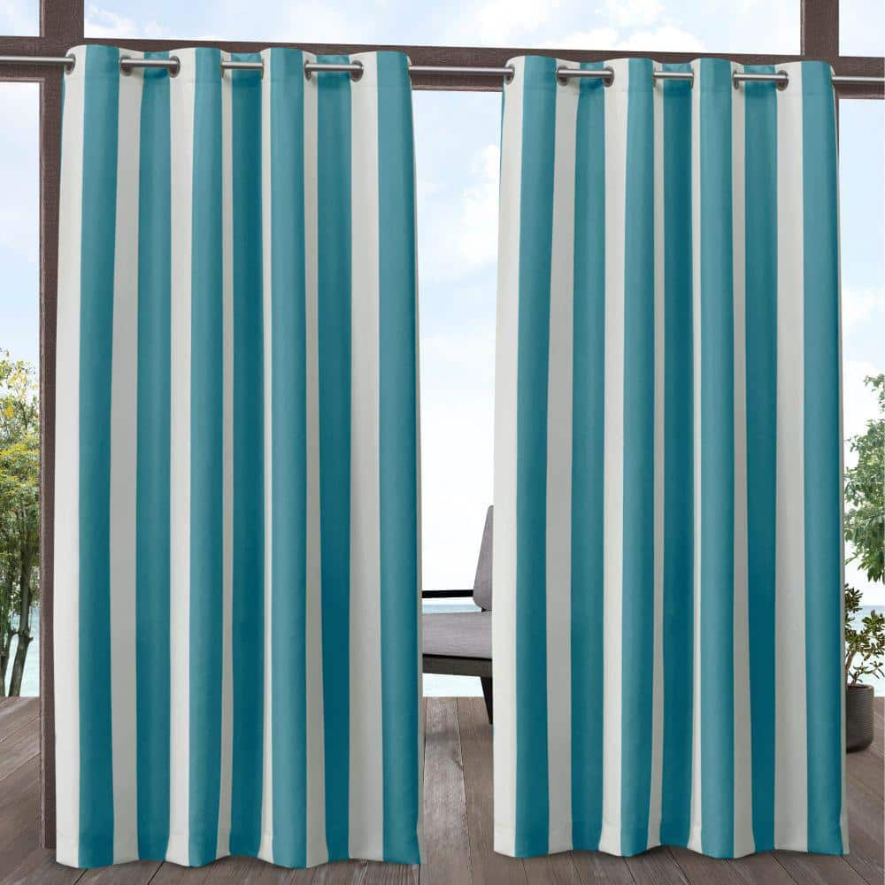 EXCLUSIVE HOME Canopy Stripe Teal / White Stripe Light Filtering Grommet Top Indoor/Outdoor Curtain, 54 in. W x 84 in. L (Set of 2)