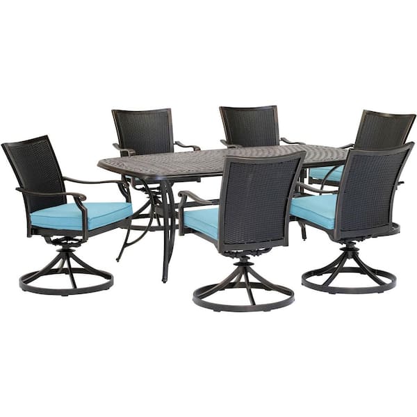 Hanover Traditions 7-Piece Wicker Outdoor Dining Set with Blue Cushions