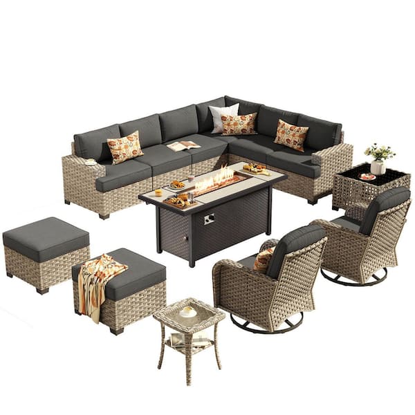 Eternity 13 Pieces Wicker Outdoor Patio Rectangular Fire Pit Set and Swivel Rocking Chairs with Black Cushions
