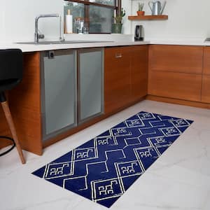 Aspen Navy Creme 2 ft. 2 in.. X 6 ft. Machine Washable Tribal Moroccan Bohemian Polyester Non-Slip Backing Area Rug