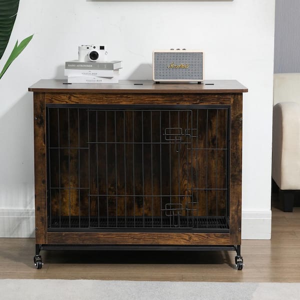 Mis cool Any 38.3 in. W Heavy-Duty Wooden Dog Crate Furniture with Doors and Flip-Top for Large Dogs in Vintage