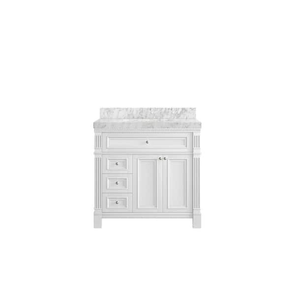 Willow Collections Paris 36 in. W x 22 in. D x 36 in. H Single Sink Bath Vanity Center in White with 2 in. Carrara Marble Top