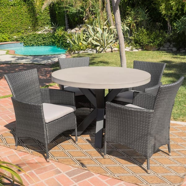 Noble House Sanibel Grey 5-Piece Faux Rattan Outdoor Dining Set with Silver Cushions