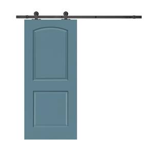 30 in. x 80 in. Dignity Blue Stained Composite MDF 2 Panel Round Top Interior Sliding Barn Door with Hardware Kit