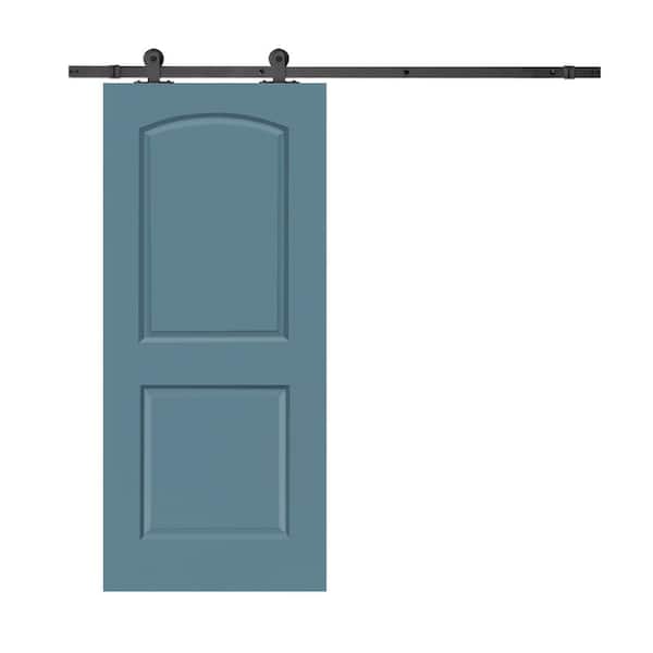 CALHOME 36 in. x 80 in. 2-Panel Dignity Blue Stained Composite MDF Round Top Interior Sliding Barn Door with Hardware Kit