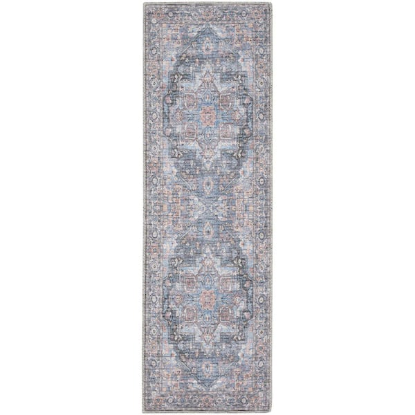 57 GRAND BY NICOLE CURTIS 57 Grand Machine Washable Light Blue Multi 2 ft. x 10 ft. Floral Traditional Kitchen Runner Area Rug
