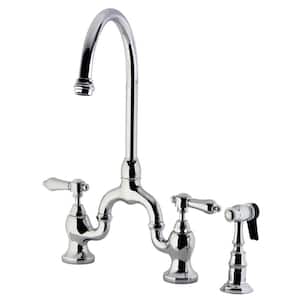 Heirloom Double-Handle Deck Mount Bridge Kitchen Faucet with Brass Sprayer in Polished Chrome