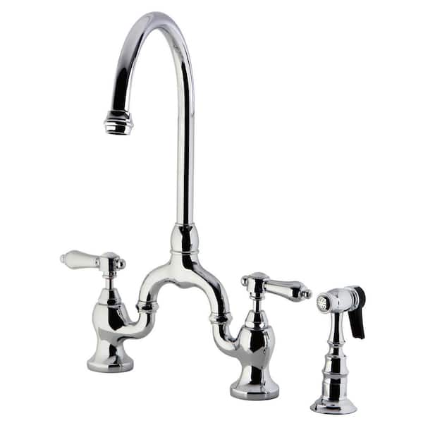 Kingston Brass Heirloom Double-Handle Deck Mount Bridge Kitchen Faucet with Brass Sprayer in Polished Chrome