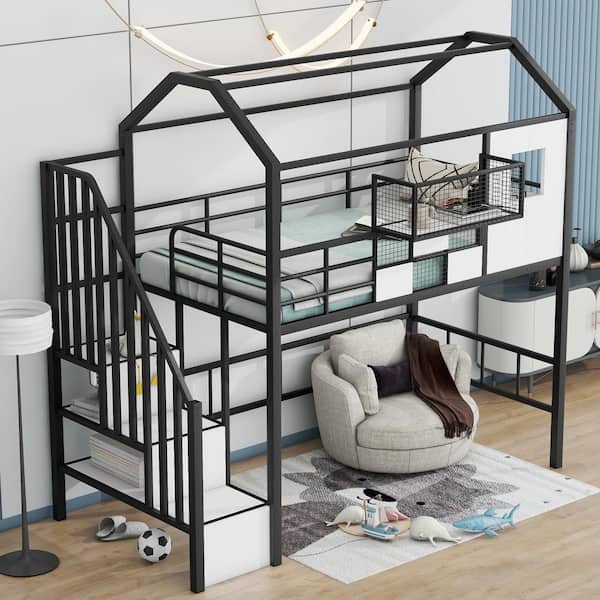 Harper & Bright Designs Black Twin Size Metal House Loft Bed with Storage Staircase, Bedside Storage Box